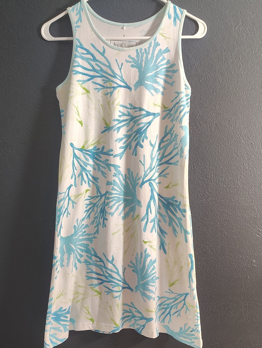 AnaClare Sleeveless Aline Dress White Blue Coral Coastal Resort Print Size Small